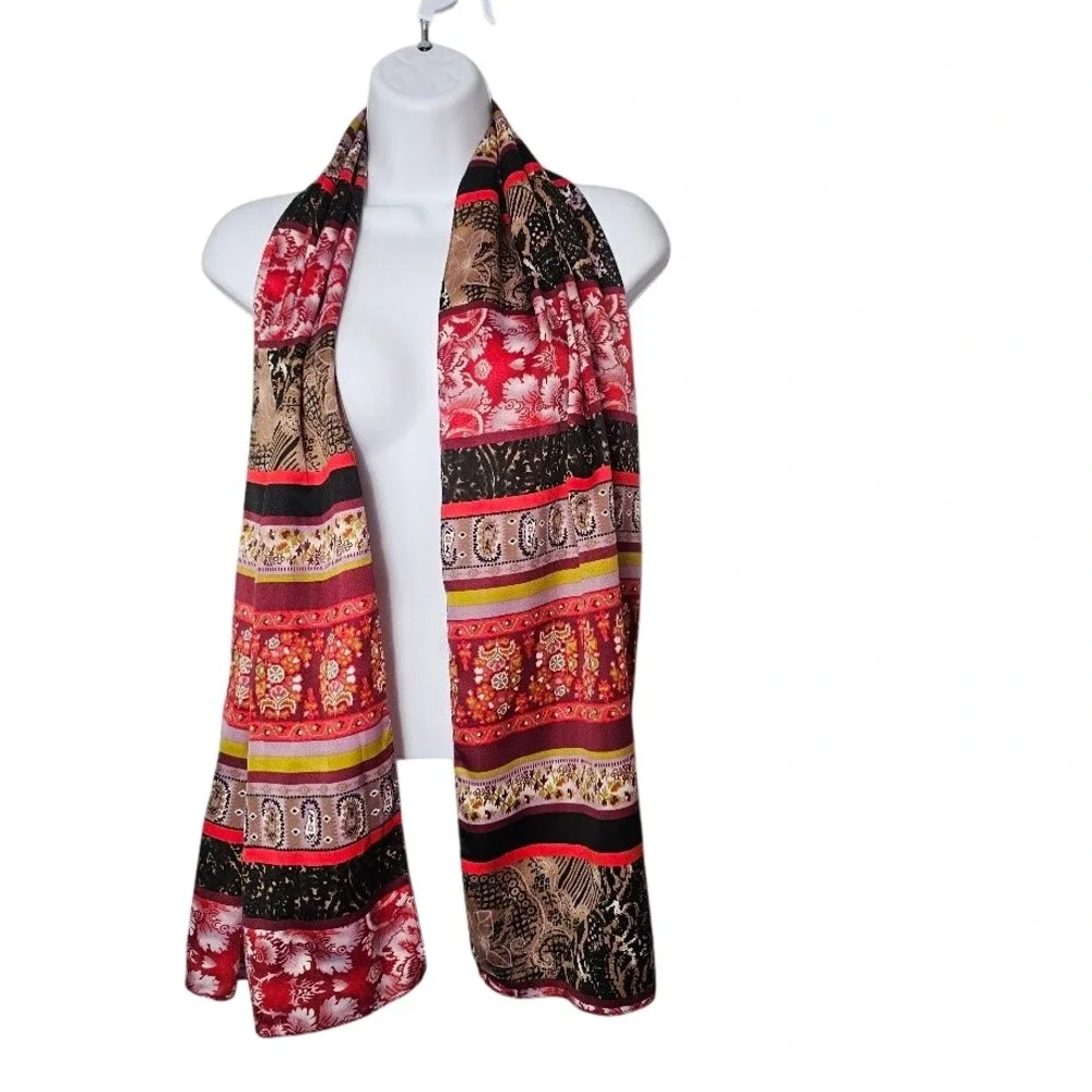 Paisley Silk Scarf Red Black Floral Patchwork Boho Oblong Wrap Art To Wear 62X15
